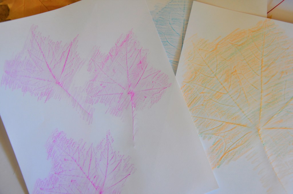 Leaf rubbing with crayons, kids leaf project, fall project for kids