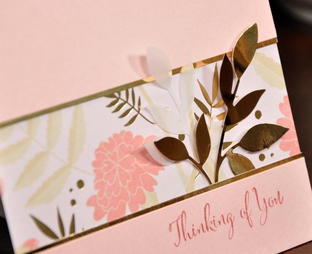 Pink and Gold card, thinking of you card, homemade thinking of you card, stampin up, stampin up friendships sweetest thought, stampin up dies, recollections papaer