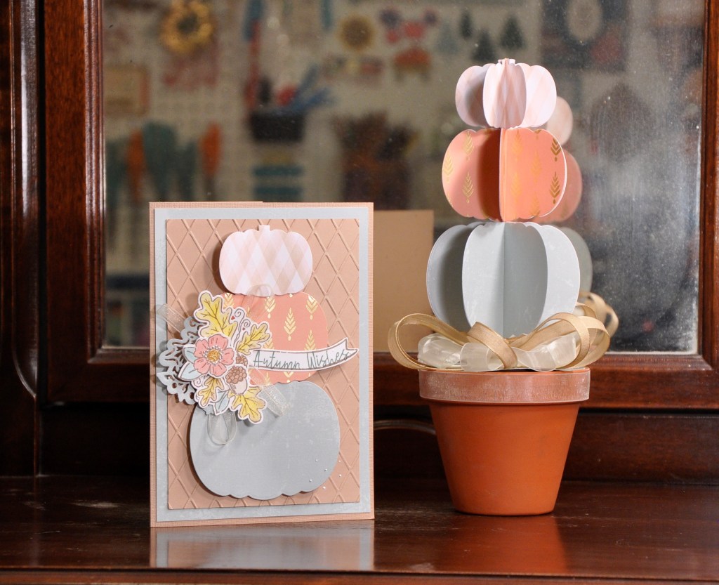 pumpkin topiary, pumpkin card, pumpkin paper topiary, fall card, homemade fall card, 3d pumpkin topiary, stampinup, stampinup fond of autumn, recollections paper, recollections dies