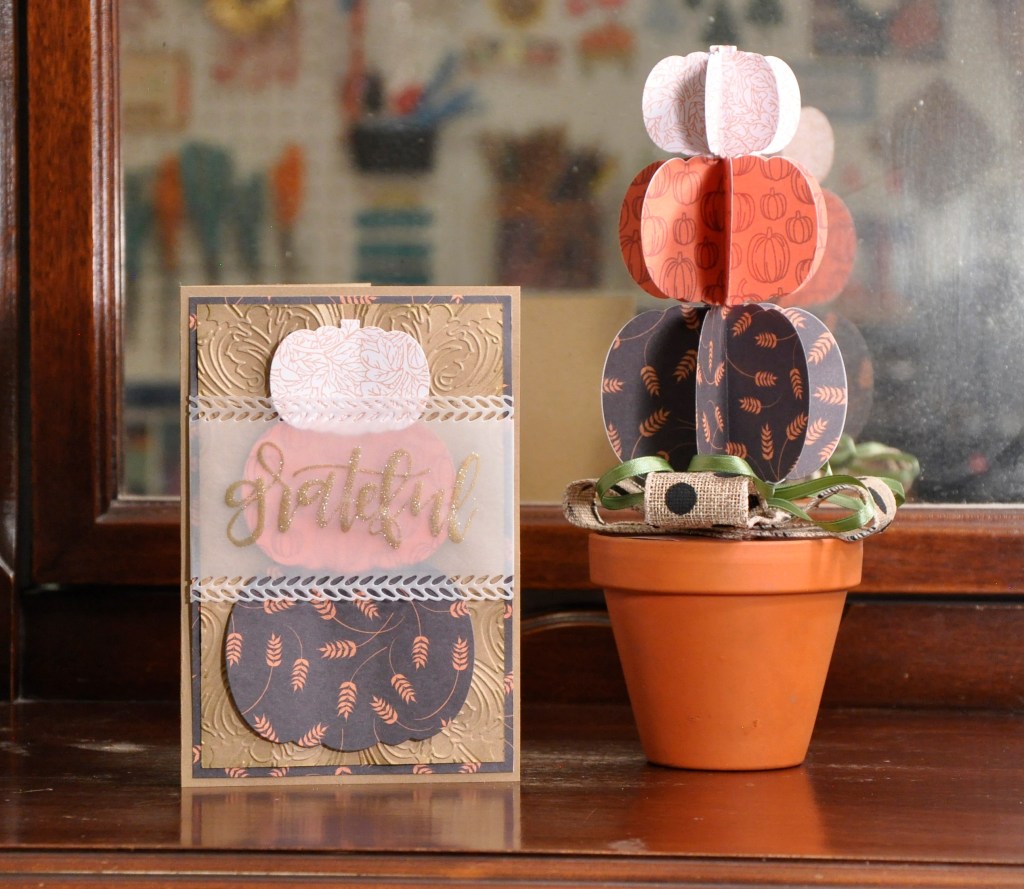 pumpkin topiary, pumpkin card, pumpkin paper topiary, fall card, homemade fall card, 3d pumpkin topiary, stampinup, stampinup autumn greetings, stampinup autumn essentials parklane paper, recollections dies, ranger letter it stamps thank you, ranger stamps