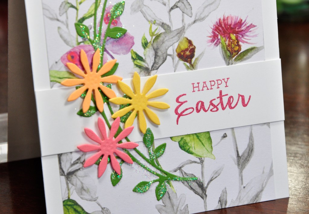 Easter Flowers card, stampin up, stampin up arrabge a wreath, stampin up dainty delights, martha stewart, recollections paper, homemade card, homemade easter card