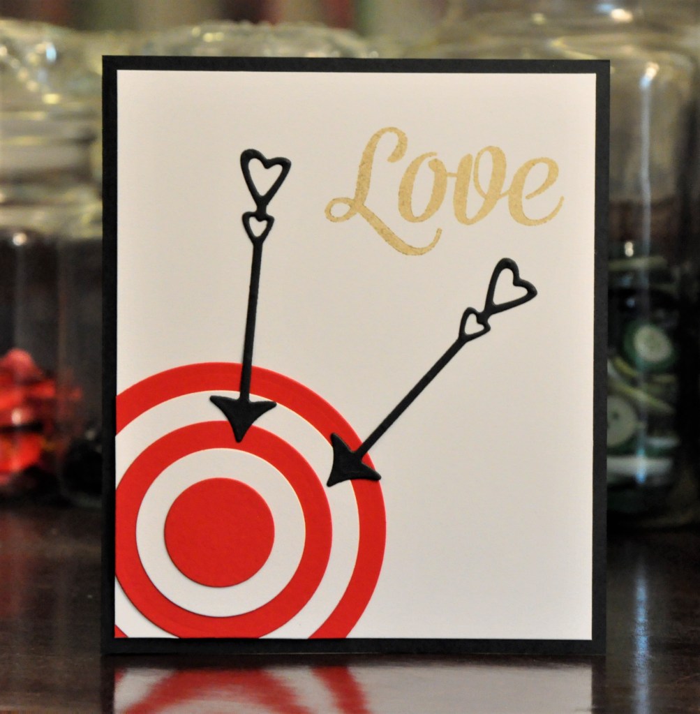 Black Arrow card, valentines day card, homemade valentines,stampin up, Stampin'Up! Bloomin Love , archery cards, homemade archery cards, cards with target on them, cards with arrows, cards using circle dies, cards using circle punches