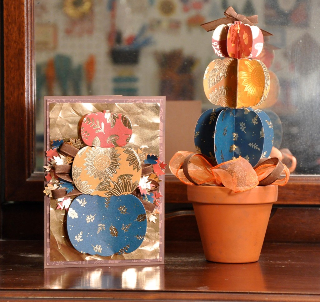 pumpkin topiary, pumpkin card, pumpkin paper topiary, fall card, homemade fall card, 3d pumpkin topiary, stampinup, stampinup autumn punch pack, DCWV paper, recollections dies