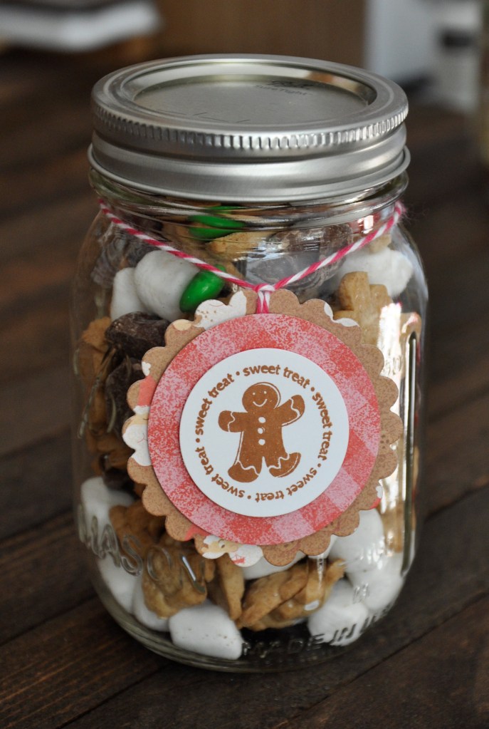 Quick and Easy Food Gifts and tags, S'mores trail mix, Gingerbread Tag, Sweet and Salty trail mix, Holly Tag, last minute christmas gifts, hostess gifts, homemade trail mix, christmas tags, Stampin'Up! Deer Friends, DCWV paper stack 'Holiday Goodies', Stampin'Up! Peaceful Wreath, Stampin'Up! Peaceful Pines, stampin up